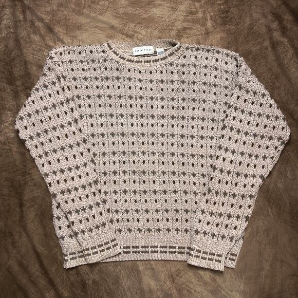 Robert Stock Vintage 90s Knit Sweater Beige Green Patterned Long Sleeve Men's L - Picture 1 of 7